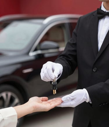 A close-up shot of a valet attendant in a crisp black uniform and white gloves handing keys back to a client. A luxury SUV is softly blurred in the background. The lighting is professional and warm, with deep red #6A0505 accents in the environment lighting.
