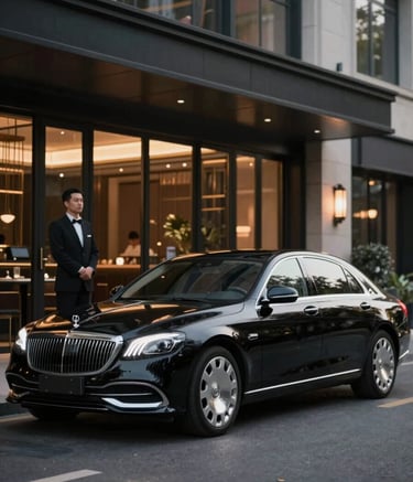 A sleek black luxury sedan parked elegantly in front of a high-end restaurant facade. A professional valet stands by the door. Night scene with sophisticated lighting, highlighting the vehicle's metallic finish and #1A1A1A and #F5F5F5 tones.