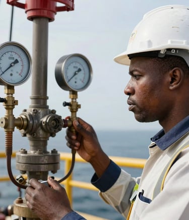 A close-up photograph of a West African petroleum engineer in a white hard hat and professional safety gear, carefully monitoring high-precision pressure gauges on an offshore platform. The lighting is bright and industrial.