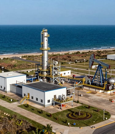 A panoramic photograph of a modern industrial petroleum facility located in a West African coastal region. The architecture is clean and functional, set against a backdrop of deep blue sea and professional landscaping.