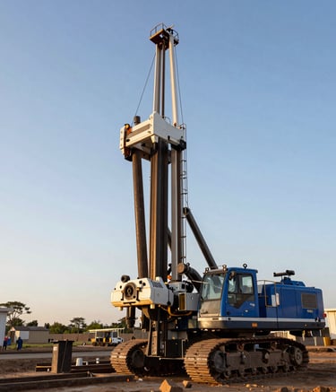 A sharp, professional wide-angle photograph of a specialized drilling rig at a West African onshore site. The scene is illuminated by the golden light of late afternoon, highlighting the deep blue and metallic gray surfaces of the equipment against a clear sky.