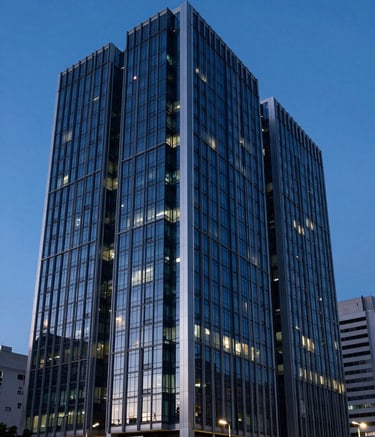 A sophisticated architectural photograph of a modern corporate building in a major Brazilian city at dusk. The facade is made of glass and steel, reflecting deep dark blue and medium blue tones from the evening sky. The lighting is crisp, professional, and emphasizes clean, innovative lines.