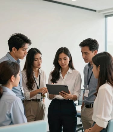 A group of South American professionals collaborating in a bright, modern open-plan office. They are gathered around a digital tablet, showing engagement and teamwork. The environment is minimalist with off-white walls and light blue accents in the furniture, creating a reliable and approachable atmosphere.