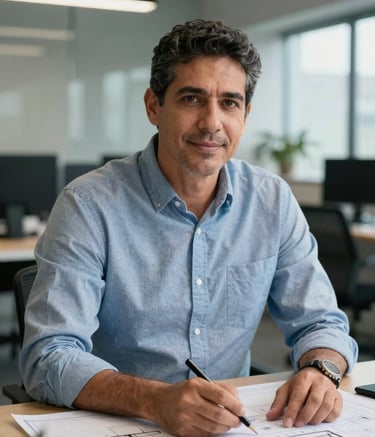 Portrait of a professional male HSEQ specialist in his late 40s, representing Ing. Ricardo Romero, in a modern office in Colombia. He is dressed in business casual attire with a focused, trustworthy expression, with industrial blueprints on the table.