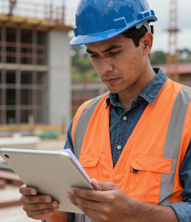 A detailed close-up of a professional engineer in a South American construction site in Colombia, wearing a safety orange vest and industrial blue helmet, holding a digital tablet and reviewing a technical safety checklist with a focused expression.