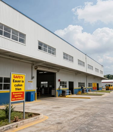 A wide-angle professional photograph of an industrial facility in Colombia, South America. The scene shows safety signage in Spanish and clean, organized workspaces under bright daylight, reflecting a modern and safe industrial environment.