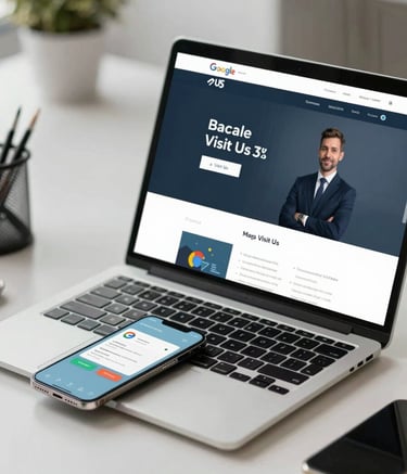 A high-quality, professional photograph of a smartphone and laptop on a clean office desk. The laptop screen shows a modern e-commerce website with a Google Maps 'Visit Us' button clearly visible. The lighting is soft and natural, emphasizing a sophisticated Malaysian business environment. Colors feature #1C2D2F and #A4C3A8 accents.