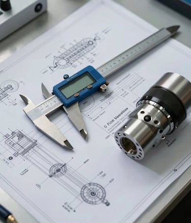 A top-down detailed photography of a professional engineering workspace in Pune. Technical blueprints are spread across a platinum-colored desk alongside a steel blue digital caliper and a finished metallic component. The lighting is crisp and modern, emphasizing precision and functionality in a South Asian / Indian professional environment.