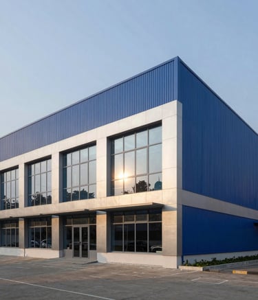 A professional exterior architectural photograph of a modern, sophisticated industrial facility located in an Indian industrial park in Pune. The building features clean lines and large windows, reflecting the afternoon sun. The color palette includes oxford blue and platinum architectural elements, conveying reliability and precision in a South Asian / Indian setting.