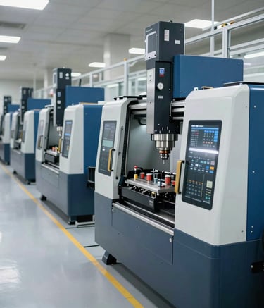 A wide-angle professional photograph of a well-organized, high-tech manufacturing floor at an engineering plant in Pune. Rows of CNC machines and industrial equipment are visible in a bright, modern setting with steel blue and platinum accents, reflecting a South Asian / Indian precision engineering environment.