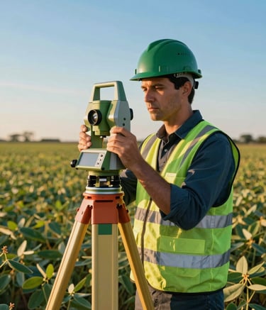 A high-authority image of a civil engineer in a professional vest and safety helmet, standing in a vast Mato Grosso do Sul soy field at golden hour. He is using a high-precision GPS surveying instrument. The mood is technical and reliable, incorporating brand colors like deep greens (#2E5F49) and a clear blue sky (#0F2027).