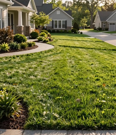 A wide-angle photography shot of a perfectly manicured North American / US suburban front yard in the spring. The scene features a lush, leaf green lawn with crisp, clean edges, healthy foundation plantings, and a clean stone walkway. The lighting is soft morning sunlight, creating a serene and professional atmosphere.