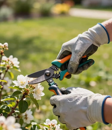 A professional photography close-up of a gardener's hands wearing durable gloves using high-quality pruning shears on a flowering shrub. The setting is a North American / US backyard during a bright, sunny afternoon. The background shows a soft-focus, lush spring green garden, conveying a mood of meticulous care and professional service.