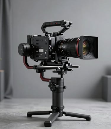 A high-end cinema camera mounted on a professional stabilizer, positioned in a modern South American / Brazilian studio with soft, cinematic lighting and a clean, sophisticated atmosphere using charcoal grey tones.