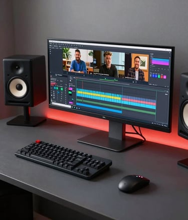 A sophisticated video editing suite in a South American / Brazilian creative agency. The scene features a sleek dark grey desk with dual high-resolution monitors, a mechanical keyboard, and professional studio monitors, with subtle red ambient lighting in a clean workspace.