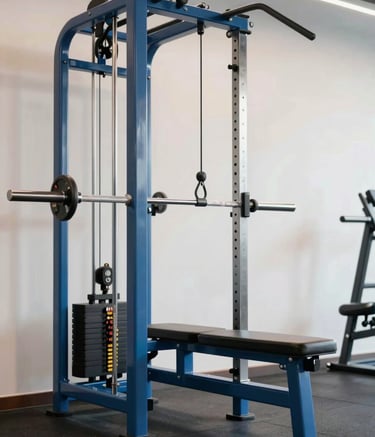 A clean, modern photography shot of high-end resistance training equipment in a gym with steel blue accents. The lighting is bright and professional, emphasizing a results-oriented atmosphere with a crisp off-white backdrop.