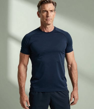 A sophisticated portrait of a fitness coach in their 50s, looking authoritative and fit, standing in a modern studio. The coach wears deep navy athletic apparel, and the background features soft sage tones and soft, natural lighting.