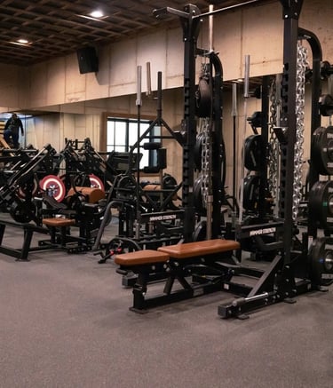 Professional gym interior featuring Hammer Strength weight racks, benches, and heavy lifting chains.