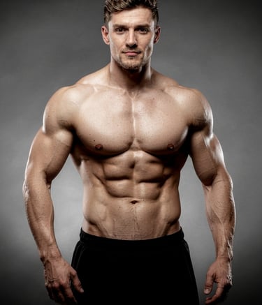 A muscular, fit man with a chiseled physique, six-pack abs, and defined chest and arms stands confidently against a gray