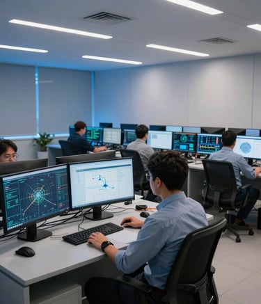 A professional interior shot of a modern network operations center in a South American city. Technicians are working at workstations with multiple monitors displaying data maps, illuminated by soft blue ambient lighting and clean white spotlights. The atmosphere is corporate, high-tech, and organized.