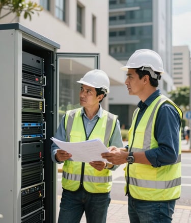 Two telecom engineers in professional high-visibility gear discussing plans next to a modern network cabinet on a street in a Brazilian business district. Bright daylight, professional and trustworthy atmosphere with clean architectural background.