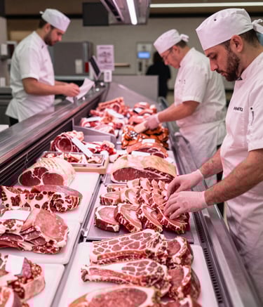Close-up of fresh meat cuts neatly arranged in a butcher's display.