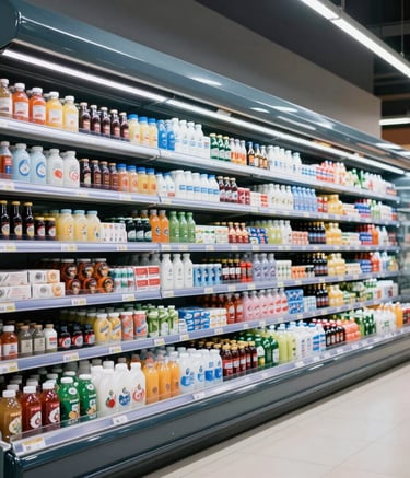 Colorful supermarket aisle with fresh fruits and vegetables on display.