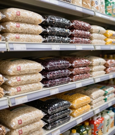 Colorful supermarket aisle with fresh fruits and vegetables on display.
