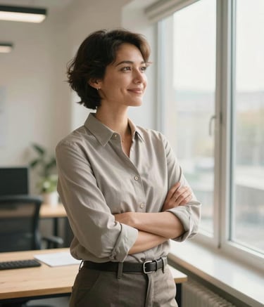 A confident person standing in a bright, modern North American workspace, looking toward a window with a hopeful expression. The lighting is warm and natural, emphasizing a clean and professional atmosphere.