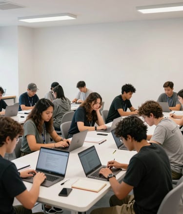 A wide shot of a collaborative community workshop in a North American setting. People are gathered around tables with laptops and notebooks, working together under bright, even lighting in a minimalist, clean environment.