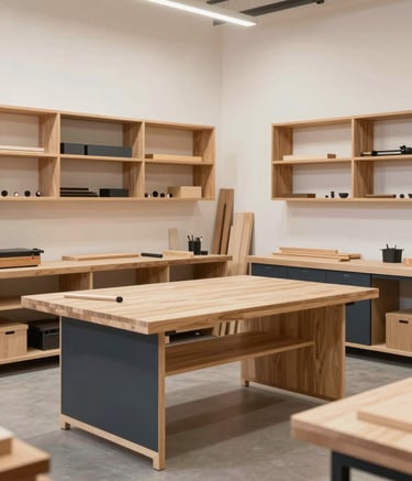 A wide-angle, modern photograph of a bright and organized woodworking studio. Sleek custom-made wooden shelves and a large work table dominate the space. The scene is airy and professional, using a color scheme of light wood #BCA99D, dark accents #2C2720, and bright walls #F8F4ED.
