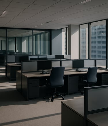 A wide shot of a modern, sun-drenched corporate office in a North American / US metropolitan area, featuring clean lines, glass partitions, and a palette of deep navy and soft greys. The atmosphere is quiet and professional, suggesting a secure financial institution.