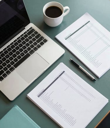 A top-down view of a professional desk in a North American / US office with a modern laptop, a cup of coffee, and neatly organized financial documents. The lighting is bright and clean, with accents of dark forest green and soft teal in the stationery.
