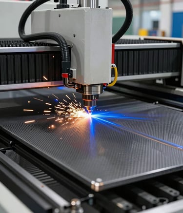 High-precision industrial laser cutting machine working on a carbon steel plate, bright sparks and blue light effects, modern industrial setting, South American / Brazilian factory floor, professional photography style.