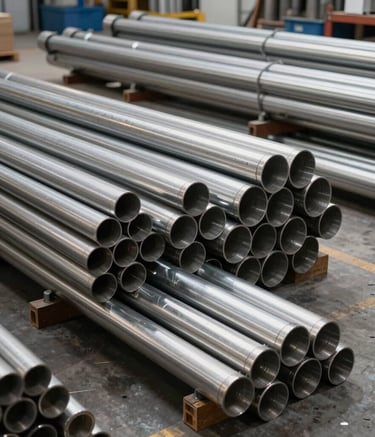 Wide-angle photography of an organized industrial warehouse filled with stainless steel pipes and plates, natural light highlighting the metallic textures, professional and clean Brazilian facility.