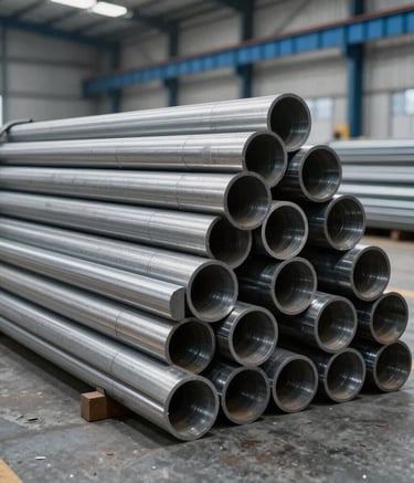 Detailed photography of stacked high-grade stainless steel round bars in a modern industrial warehouse, clean slate gray and navy blue tones, sharp professional lighting, South American / Brazilian metal distribution center.