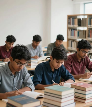 A group of South Asian / Bangladeshi students studying intently in a bright, minimalist modern library, surrounded by stacks of academic books, soft natural lighting, conveying a professional and focused atmosphere.