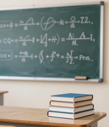 A professional and clean photography of a modern classroom setting in Bangladesh, showing a chalkboard with physics formulas and a stack of books on a desk, using a palette of off-white and soft blue.