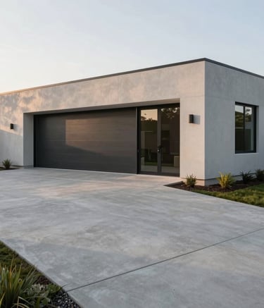 Architectural photography of a modern, minimalist North American / US residential home featuring a expansive, perfectly poured light gray concrete driveway and walkway. Sharp lines and clean textures in soft morning light.