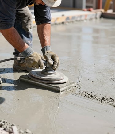 Close-up action shot of a professional concrete finisher in safety gear using a magnesium float to smooth wet light-gray concrete. Bright daylight at a North American / US construction site. Clean, industrial aesthetic.