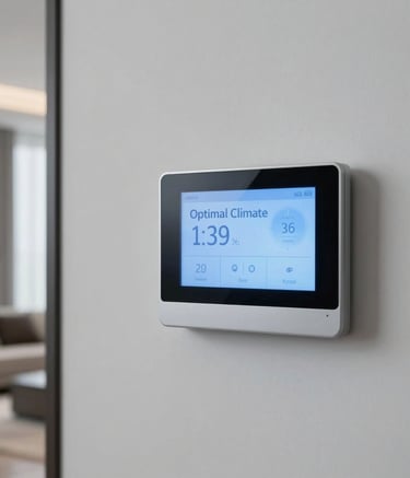 A futuristic digital wall-mounted thermostat showing an 'Optimal Climate' status in a minimalist Miami luxury home. The lighting is cool and airy, with soft pale blue reflections on the glass screen. North American / US (Miami) interior design.