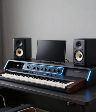 A minimalist photography shot of a sleek, dark music production desk featuring high-end studio monitors and a synthesizer. The setup is glowing with light blue neon accents in a clean, sophisticated European home office.