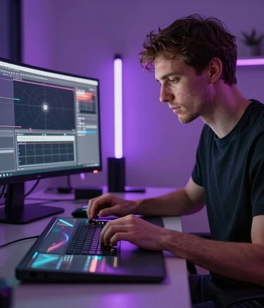 A sophisticated, low-key photograph of a man in a modern European studio working on a digital design, with the soft glow of a neon purple light reflecting on the glass surfaces.
