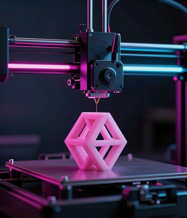 A sharp, close-up photograph of a professional 3D printer extruding a complex geometric shape in a dark, minimalist studio. The scene is illuminated by striking magenta and cyan neon lights, creating a high-tech European laboratory atmosphere.