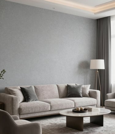 A luxury modern living room in Sylhet, featuring high-end wallpaper with a subtle textured pattern and elegant minimalist furniture. The room is filled with soft natural light, showcasing a calm and aspirational atmosphere using the brand colors #1A2A27 and #BFCBC2.