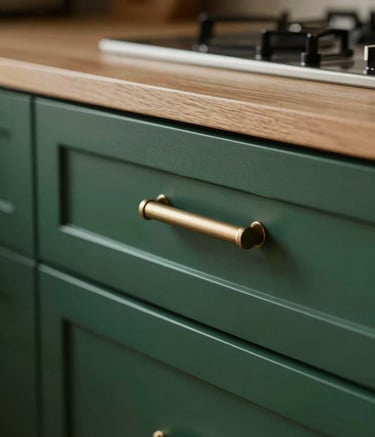 A close-up shot of elegant, high-quality kitchen cabinet hardware and sleek wooden surfaces, demonstrating sophisticated craftsmanship. The lighting is soft and cinematic, highlighting textures in a palette of deep greens and metallic accents, consistent with a modern, professional interior design aesthetic.