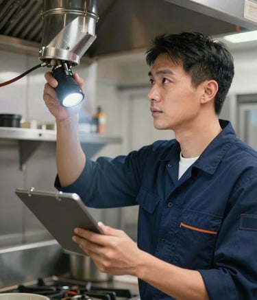 A professional technician in a navy blue (#1E2B3A) uniform inspecting a kitchen duct with a flashlight. The setting is a commercial kitchen in Toronto at night. The lighting is focused and clean, reflecting professionalism and expertise.