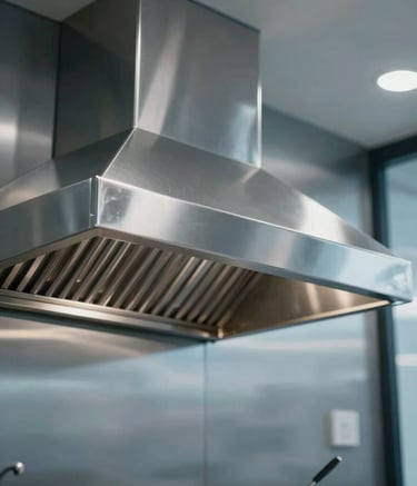 A high-detail, professional shot of a pristine stainless steel commercial kitchen exhaust hood in a high-end Toronto hotel. The lighting is crisp, emphasizing the polished surfaces. The scene is clean and modern, incorporating cool tones of #3A607C and #8DAABF in the reflections.