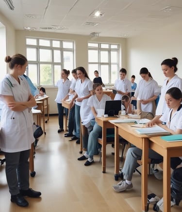 Healthcare trainees practicing nursing skills in a clinical setting.