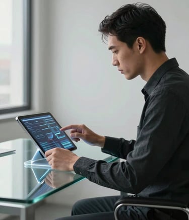 A professional in a minimalist North American office, sitting at a glass desk, interacting with a futuristic, translucent tablet display that shows data patterns. The room is filled with soft natural light and accents of steel blue.